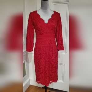Tadashi Shoji RED lace dress 3/4 sleeves knee length, deep V neck sz 8